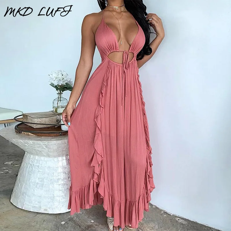 Сексуальное женское платье с открытой спиной вырезами оборками без рукавов