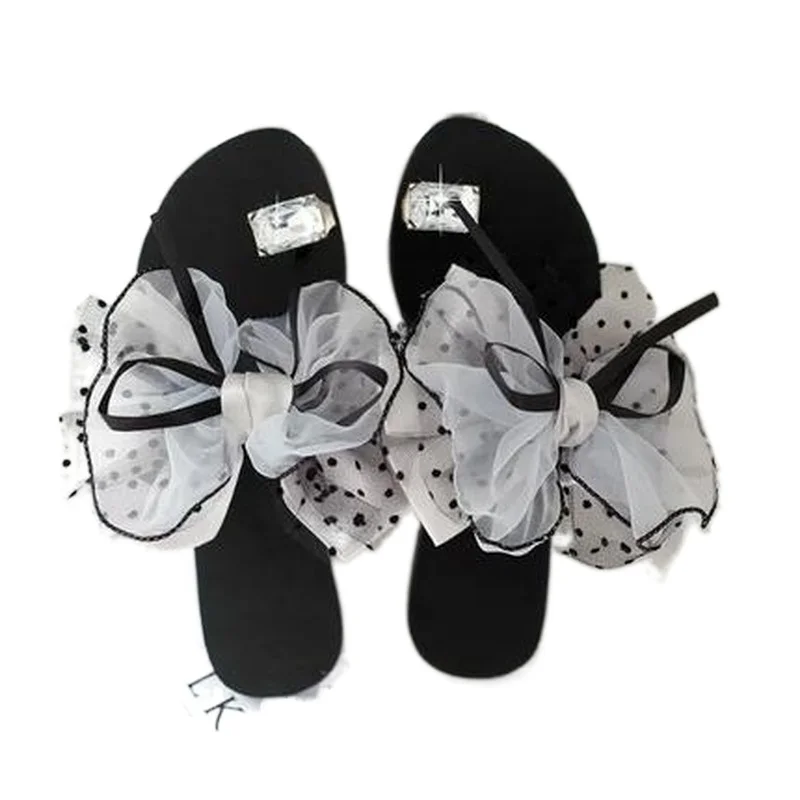 

Rhinestone Slippers 2021 New Summer Set Toe Sweet Wind Bow Flat Bottom Soft Surface Slippers