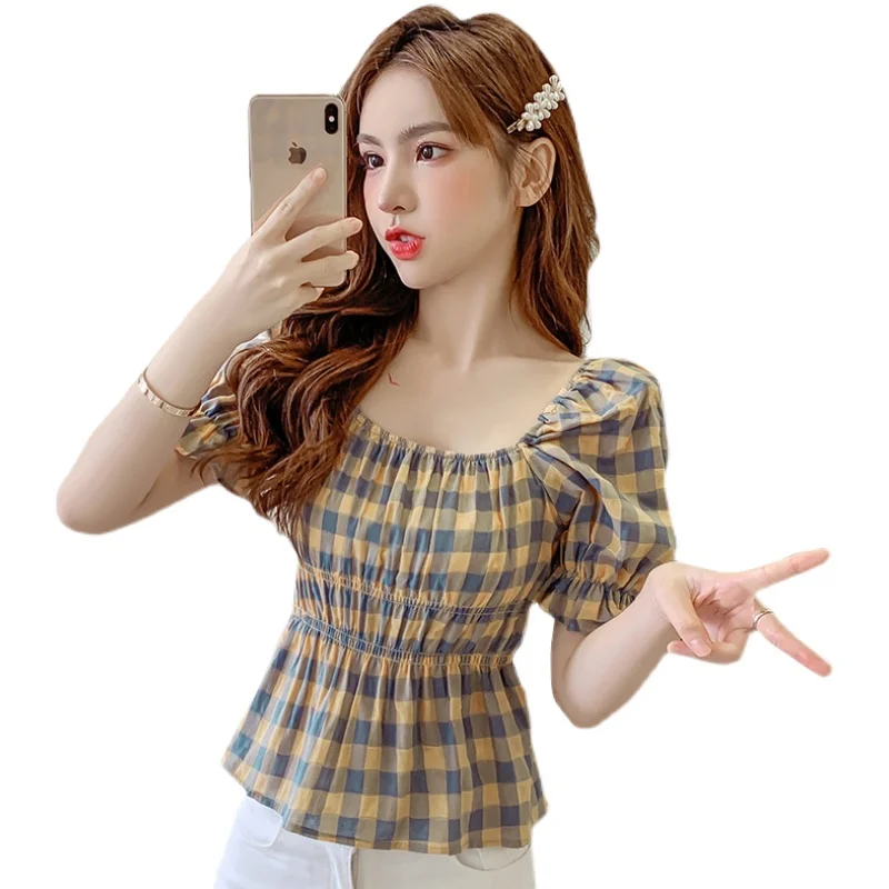 

Women's summer short sleeve 2021 new fashion checkered square neck bubble sleeve waist slim short top