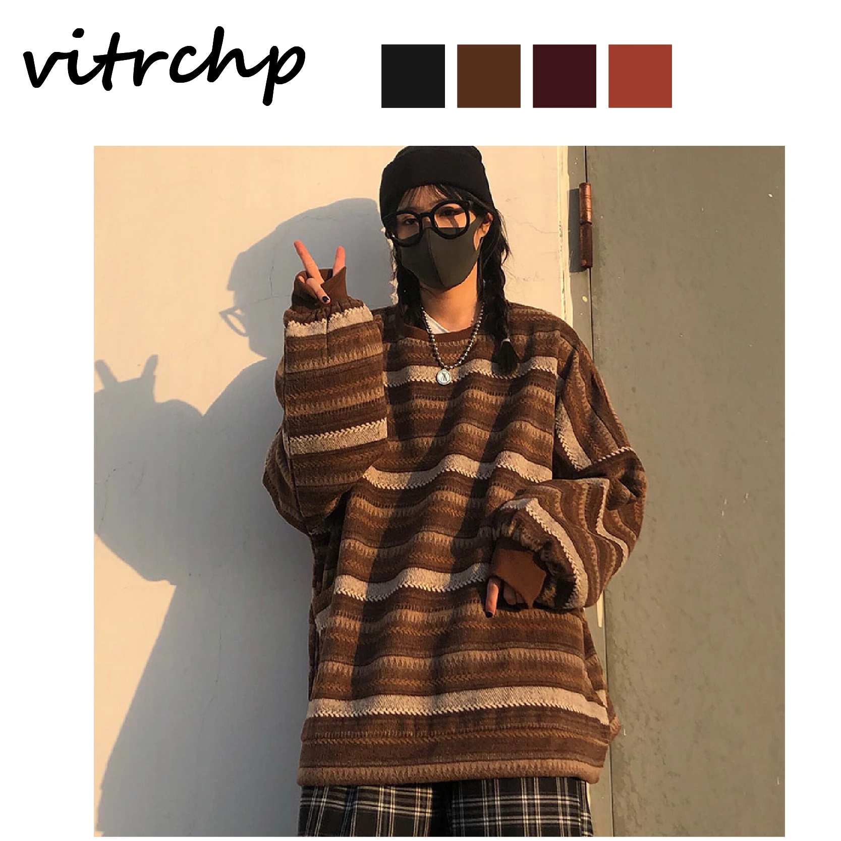 

VITRCHP Pullovers Women Oversize Sweater Winter Warm Hip Pop Ulzzang Unisex Casual Striped Knit Young Girls Fashion Retro Daily