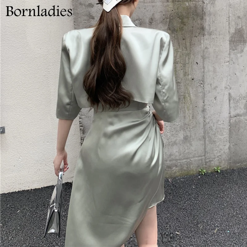 

Bornladies 2021 Summer Business Suit Elegant Office Lady Dress 2 Pieces Set Short Sleeve Short Blazer and Sleeveless Dress Sets
