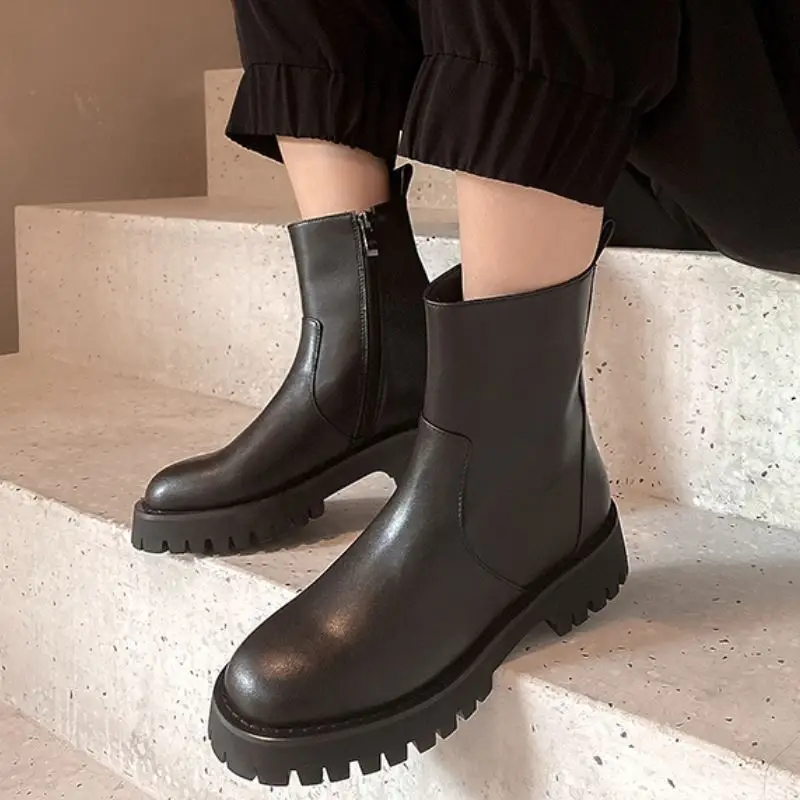 

Rizabina Women Short Boots Real Leather Zipper Fashion Platform Warm Winter Shoes Woman Thick Bottom Lady Footwear Size 33-40
