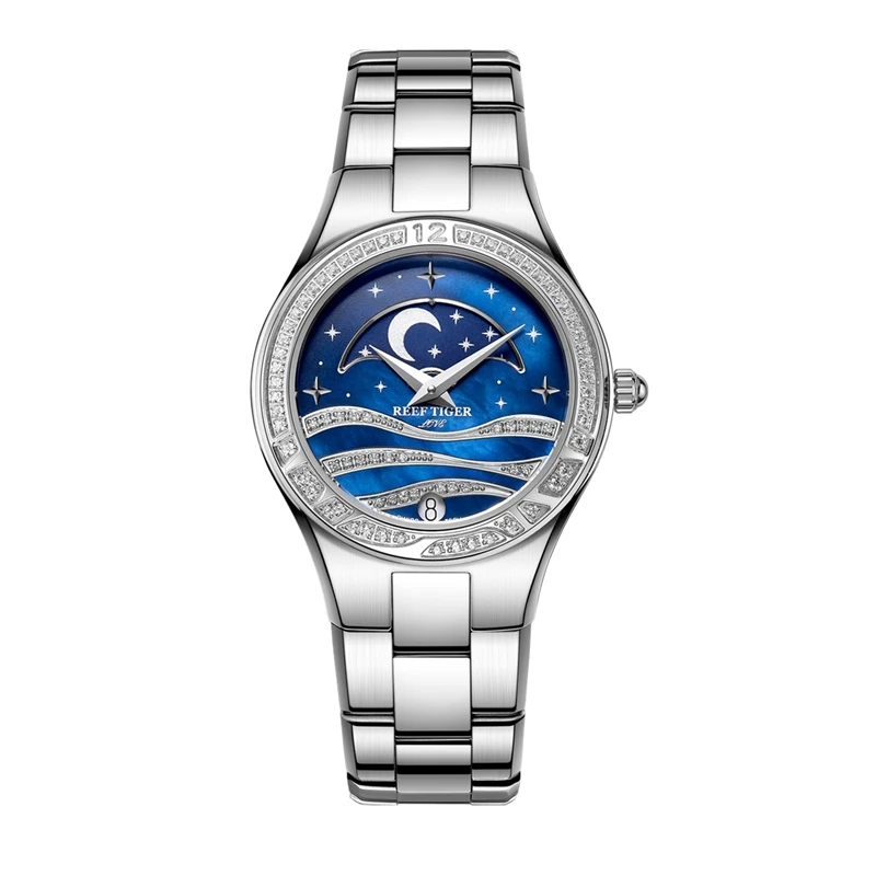 

Reef Tiger/RT Fashion Womens Watch Diamonds Bezel Full Stainless Steel Moon Phase Watch Water Resistant RGA1524