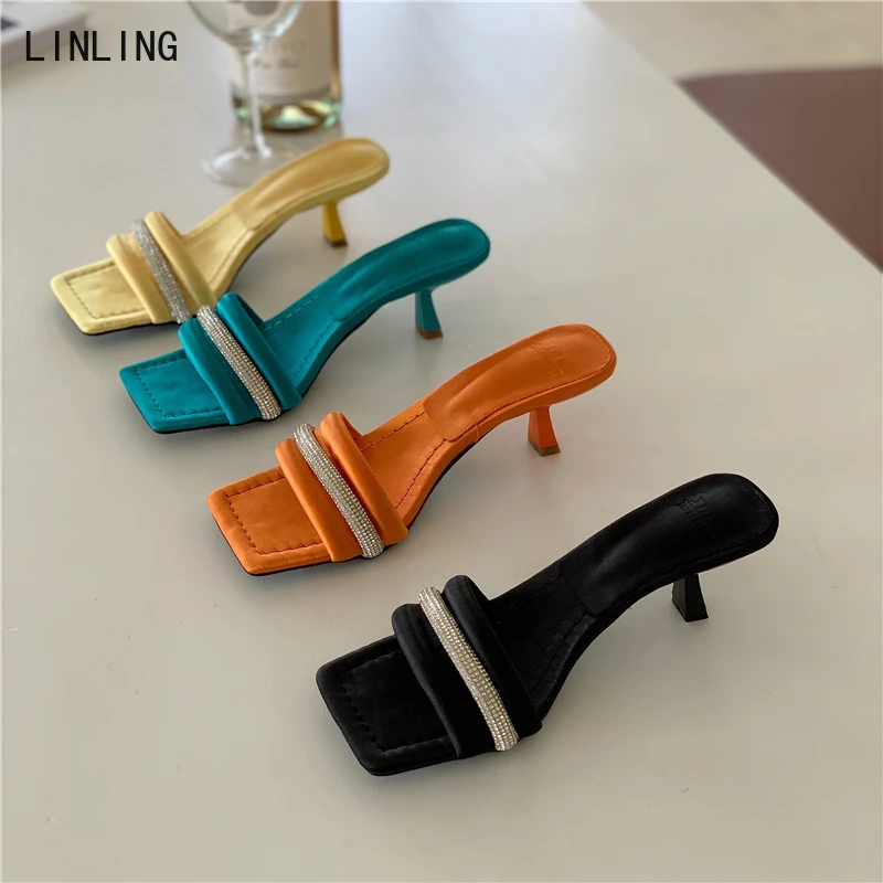 

New Brand 2022 Summer Thin High Heels Slippers Women Slip On Slide Ladies Elegant Mule Shoes Summer Outdoor Slides