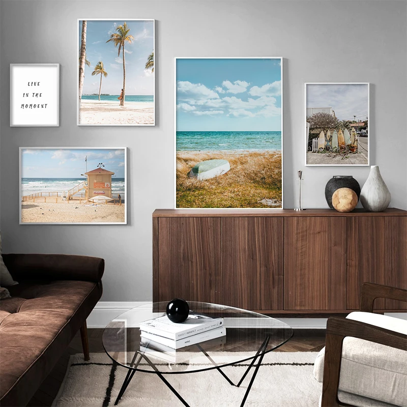

Nature Scandinavian Poster Nordic Decoration Beach Palm Tree Wall Art Seascape Picture Canvas Painting for Living Room Home Deco