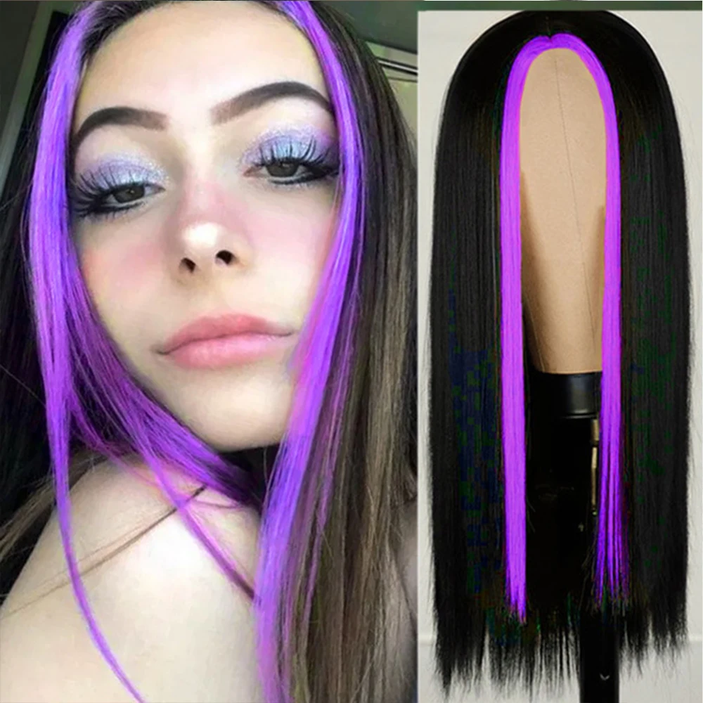 

Long Straight Wig for Women Synthetic Wigs Both Gold Purple Sides Hair Middle Part Heat Resistant Cosplay Purple Wig for Women