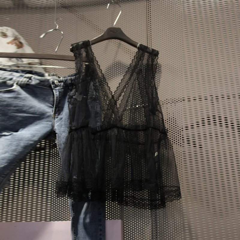 Сексуальная прозрачная сетчатая рубашка без рукавов с v-образным вырезом |