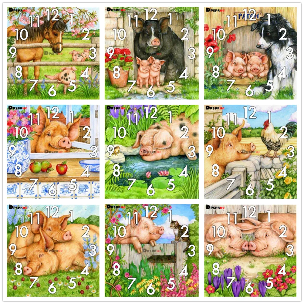 

Dpsprue Full Diamond Painting Cross Stitch With Clock Mechanism Mosaic 5D Diy Square Round Animal Pig 3d Embroidery Gift HG201