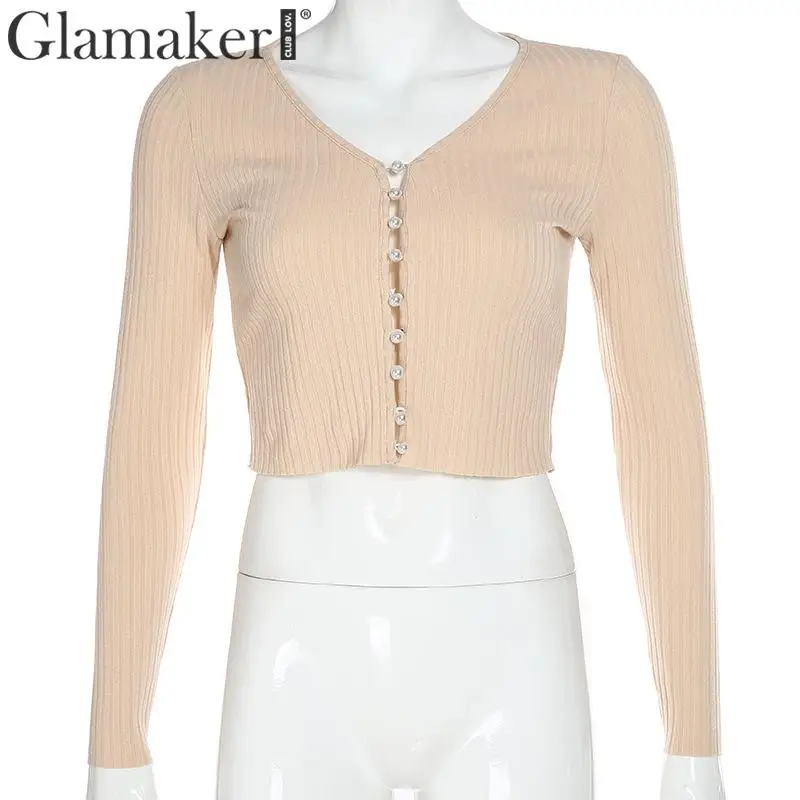 Glamaker, вязанная короткая блузка с v-образным вырезом, женская элегантная облегающая блуза на пуговицах с длинным рукавом, женские вечерние блузки на осень и зиму