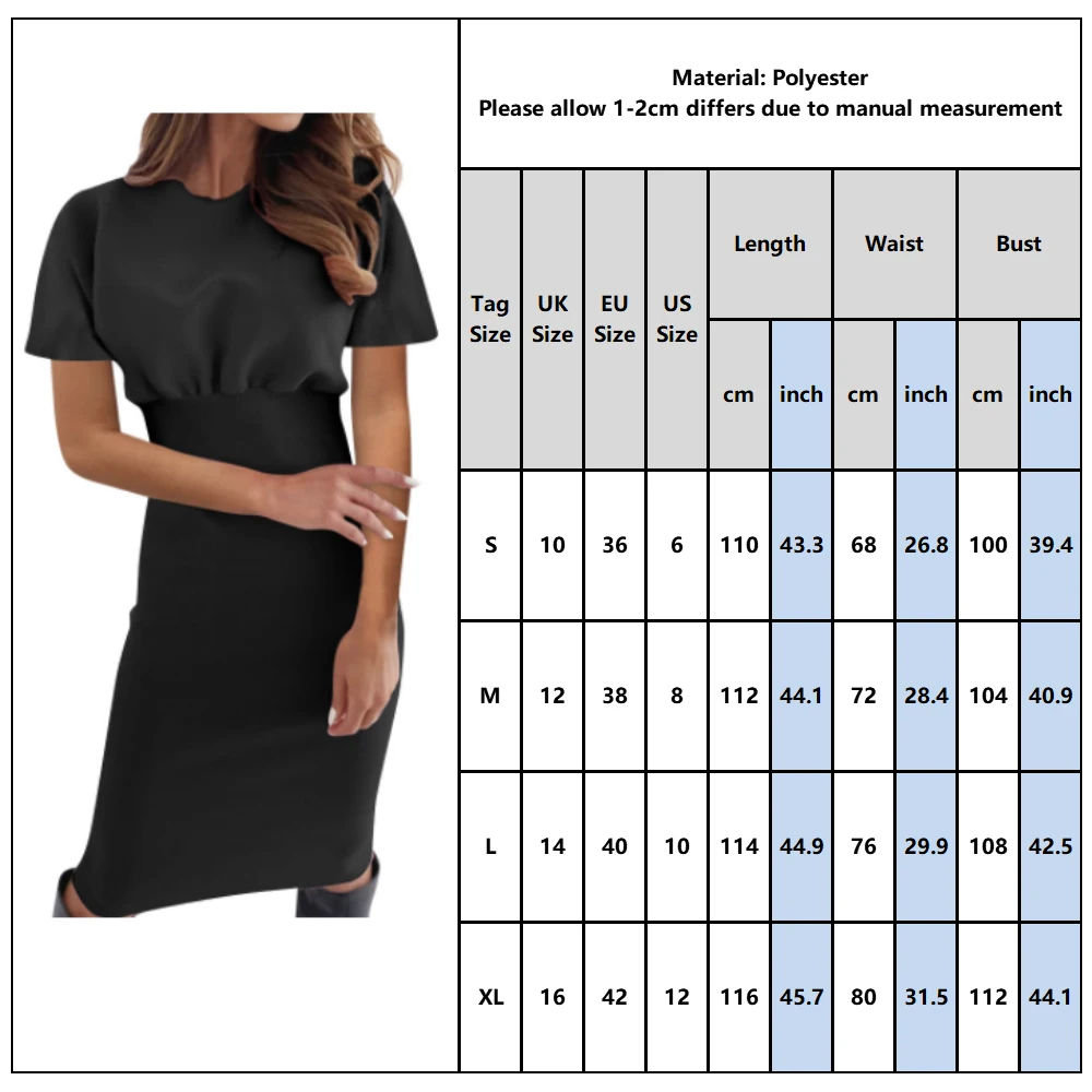 

Short Sleeve Bodycon Office Ladies Dress Fashion Casual Women Midi Dress All Black Summer Dress Round Neck Robe for Female D30