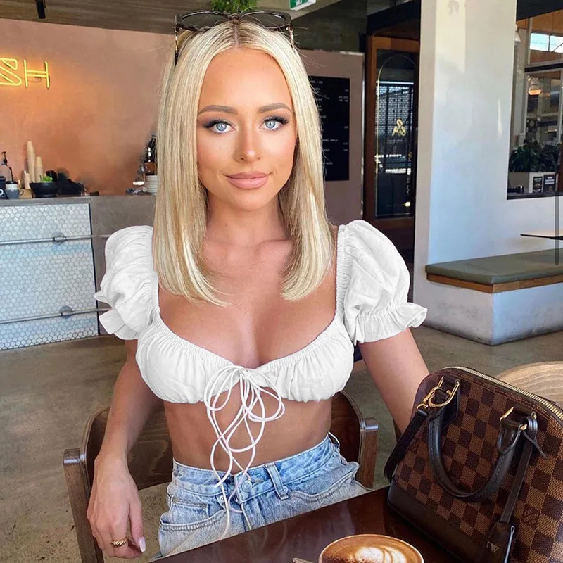 

2020 New Pleated Lace Up Super Short Vest for Women Sexy Short Sleeve Top Crop Top Women Cute