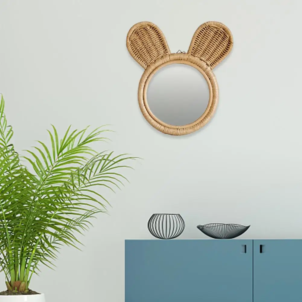 

Rattan Wall Mirror Rabbit Ear Shape Round Makeup Mirror Wall Hanging Decorative Mirror Bathroom Living Room Home Decor