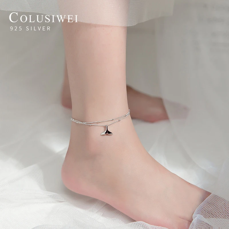 

Colusiwei Simple 925 Sterling Silver Cute Tiny Mermaid Tail Anklet for Women Double Layer Light Beads Chain Anklet Fine Jewelry