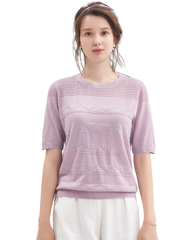 

Zhili Women's Grid Collar Breathable Regular Fit Knit Wave Tee T-Shirt