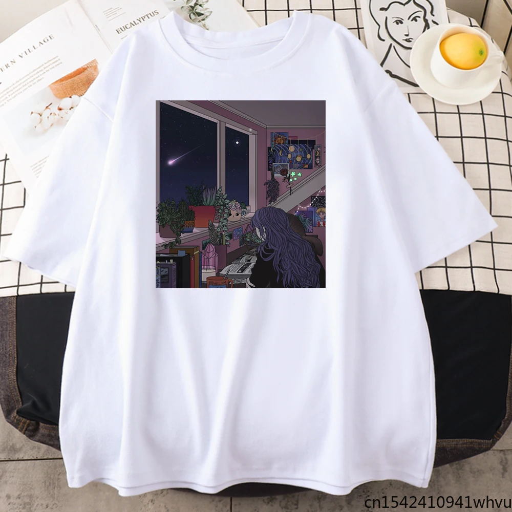 

Quiet Night Quiet Stars Prints T Shirt Womans Fashion Comfortable Top Hip Hop O-Neck Simplicity Oversize