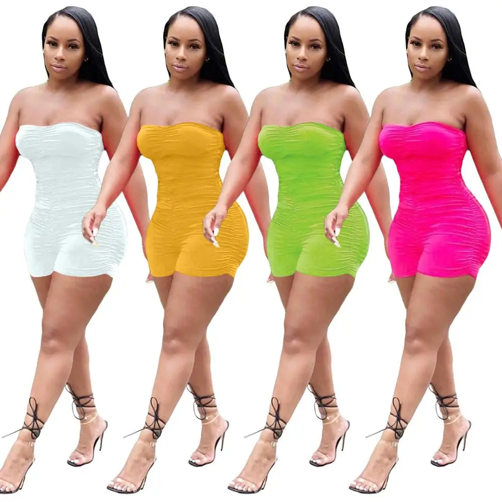 

Summer sexy breast wrap jumpsuit pure color pleated leotard 2020 hot fashion trend nightclub outfit sports shorts