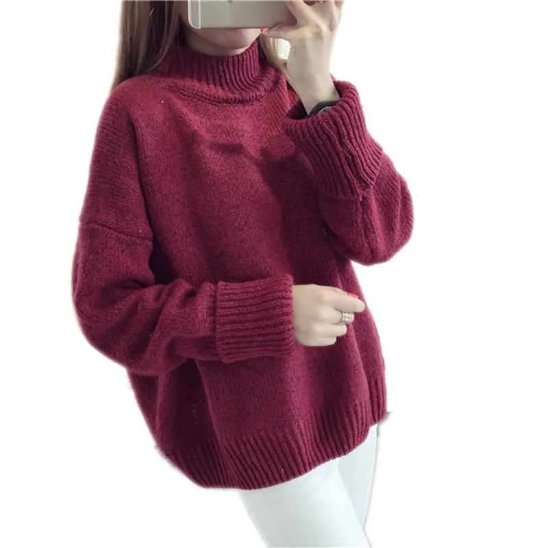 

0.7 New Arrival Thick Winter Knitted Women Sweater Half Turtleneck Loose Pullovers Solid Color Gray