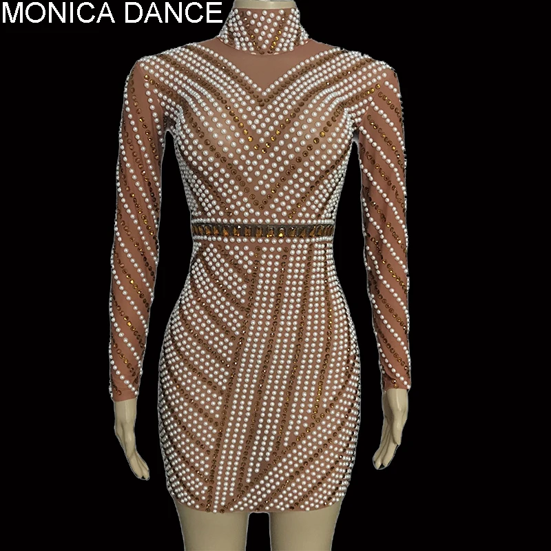

Women White Pearl Rhinestone Tan Color Transparent Dress Sexy Dance Stones Stretch Outfit Birthday Show Short Dress