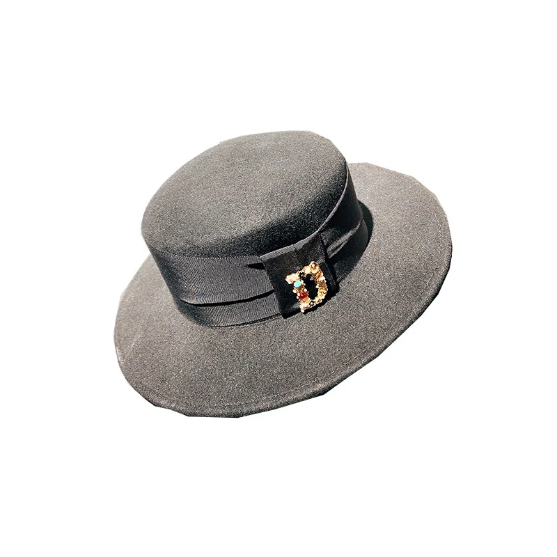 

French D House Brand Rhinestone Wool Top Hat Autumn Winter Women Catwalk Style Fisherman Hat British Flat Top Black Bucket Hat