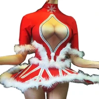 christmas rave festival women red white fur bubble dress tight stretch party costume nightclub singer dance performance wear