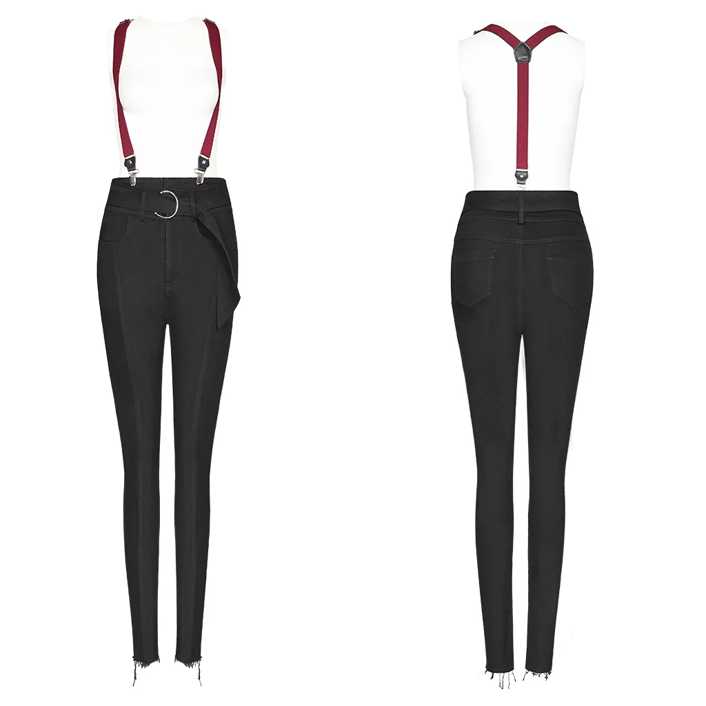 PUNK RAVE Women's Punk Contrast Color High Waist Strap Jeans Removable Shoulder Sling Casual Fashion Women Trousers