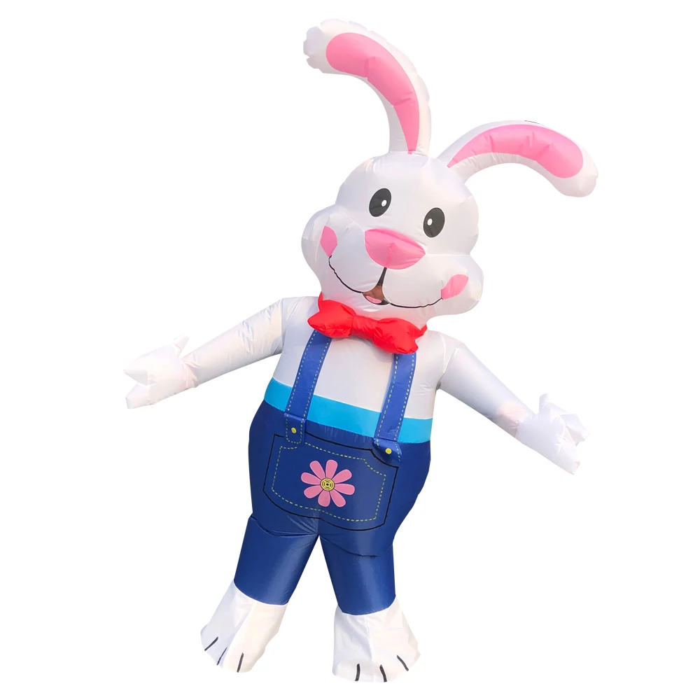 

Adult Inflatable Easter Bunny Costume Cosplay Suspenders White Rabbit for Party Jumpsuit with Blower Halloween Costumes