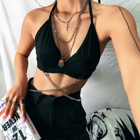 punk metal chain decoration crop tops women camisole fashion sexy club party sleeveless tees tank tops mujer summer gothic top