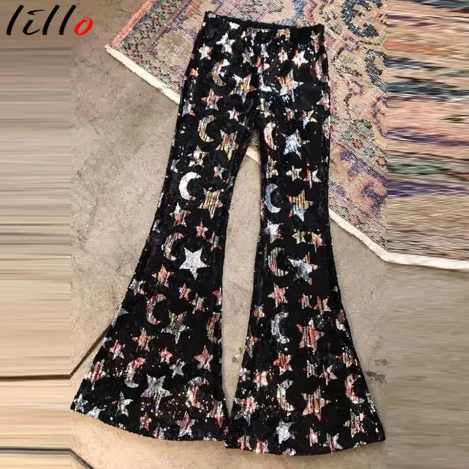 Брюки женские эластичные с блестками и высокой талией расклешенные брюки со