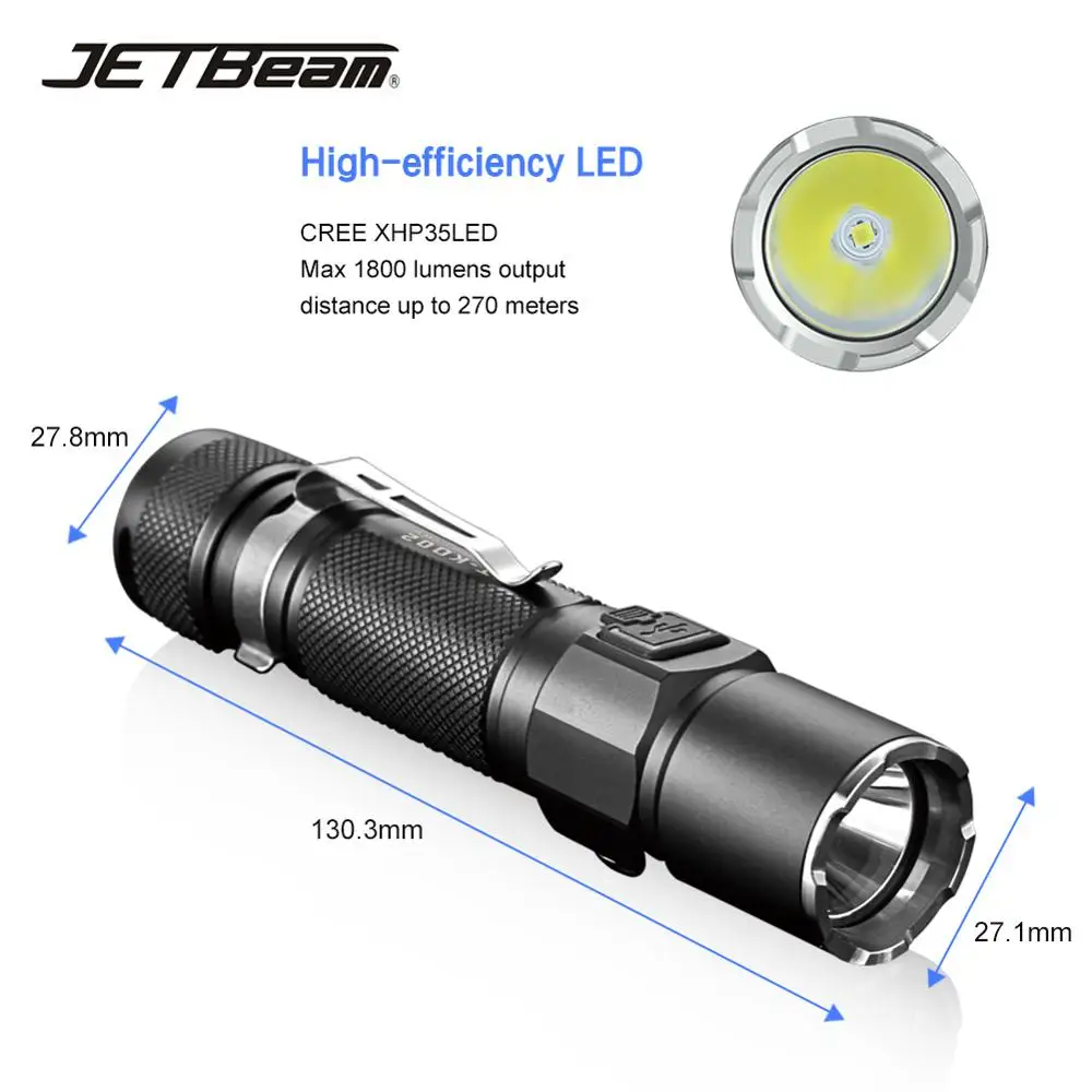 JETBeam ко-02 1800LM Мощный тактический светодиодный вспышка светильник Cree XHP35 светодиодный 18650 фонарь светильник Водонепроницаемый военная полиция светодиодный вспышка светильник