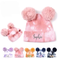 personalized simple girl rabbit wool fur knitted crimping printing embroidery custom name hat for women winter hairball warm