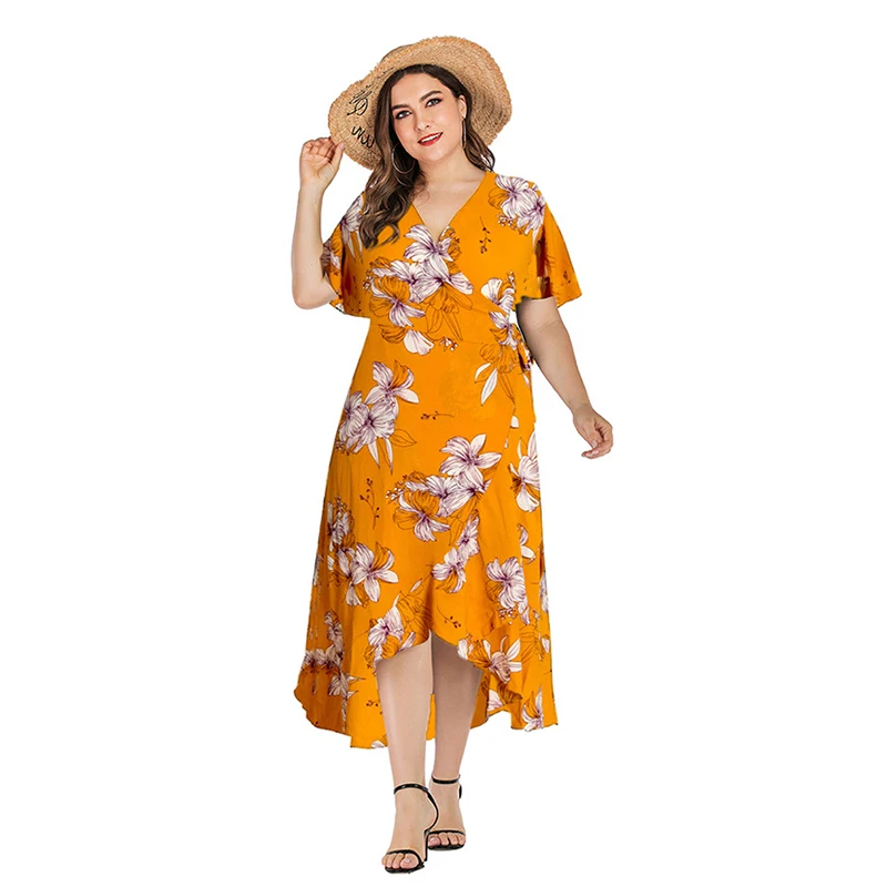 

2021 New Summer Women Dress Short Sleeve Floral Beach Dresses Long Dress Woman Bandage Dress Plus Size Fashion Dresses For Women