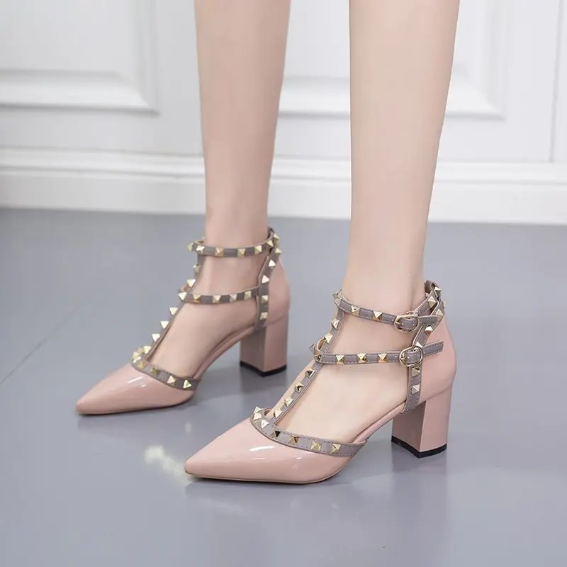 

Women's Shoes Summer 2021 Pointed Patent Leather Rivet Shoe Sandal Fashion High Heel Comfortable Women's Sandal Korea
