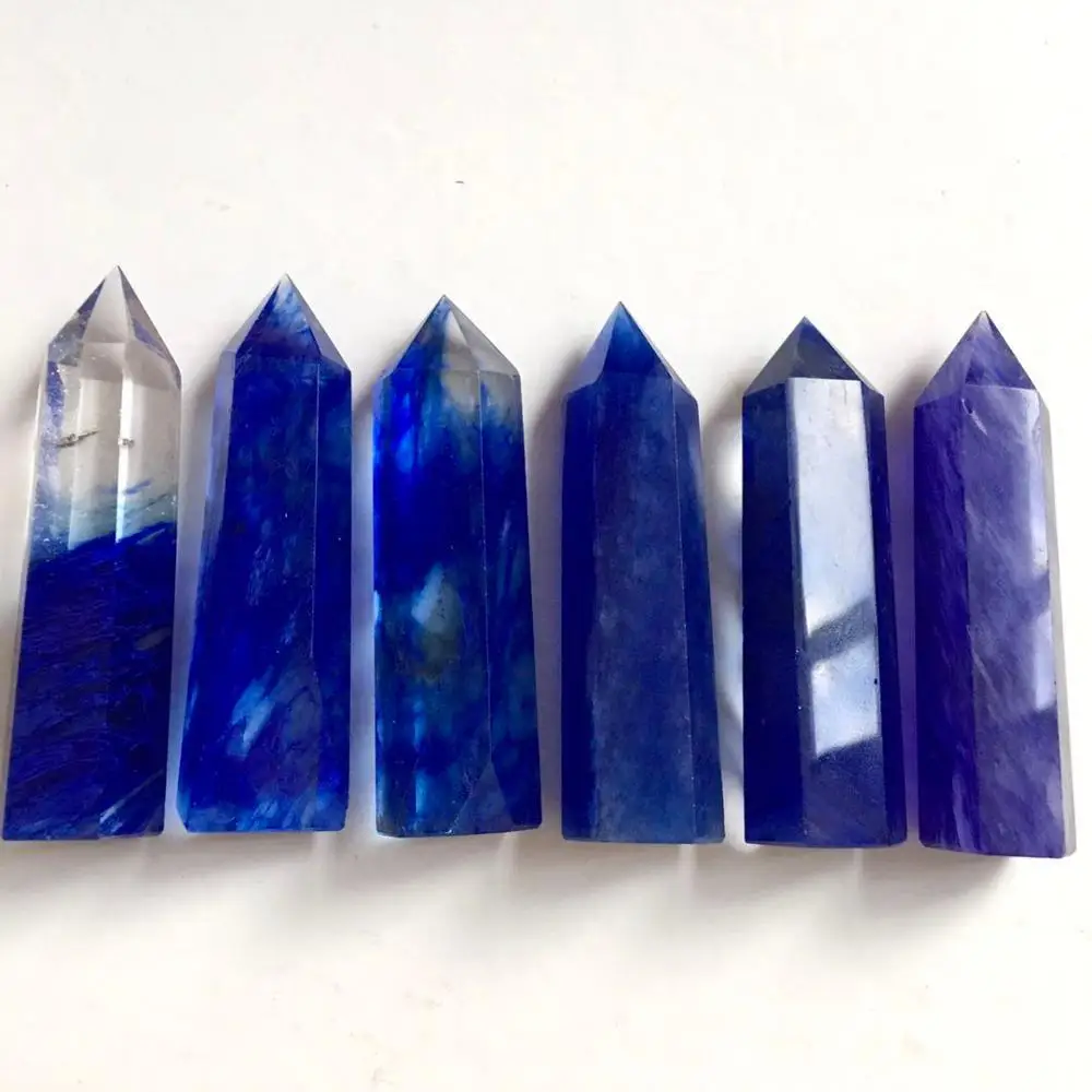 

1PC Blue smelting crystal quartz Hand Carved crystal points wand pillar healing stone