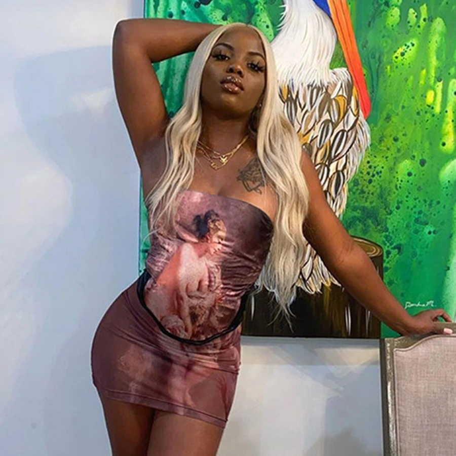 Женское платье без бретелек Kliou однотонное мини футляр с принтом вечерние