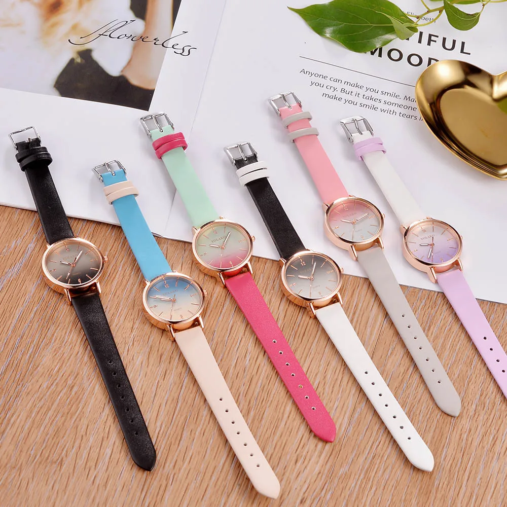 

Women Gradient Rainbow Design Watch Luxury Fashion High Quality Leather Band Quartz Dress Wristwatches Nice Pop Montre Femme