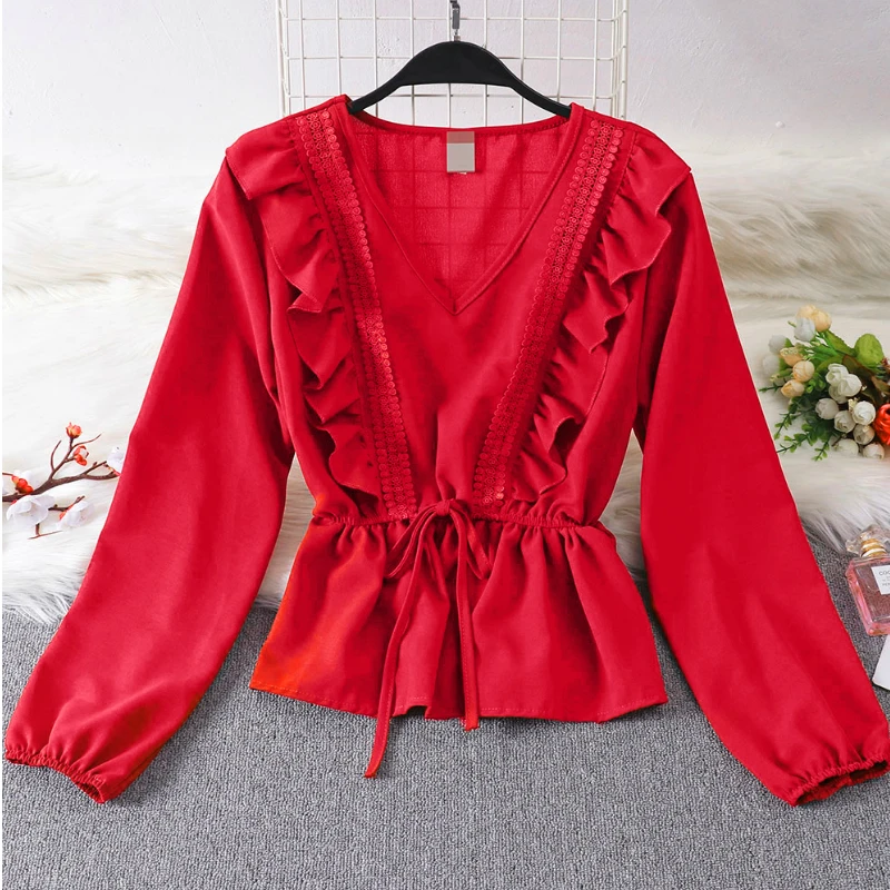Женская шифоновая блузка на шнуровке модная офисная с длинным рукавом и v