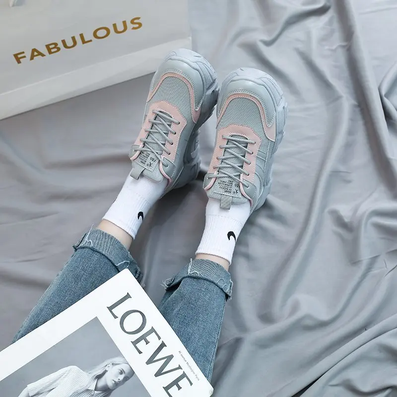 

Кроссовки женские массивные на платформе, дышащие сетчатые, на шнуровке, Вулканизированная подошва, низкий каблук, весна 2021