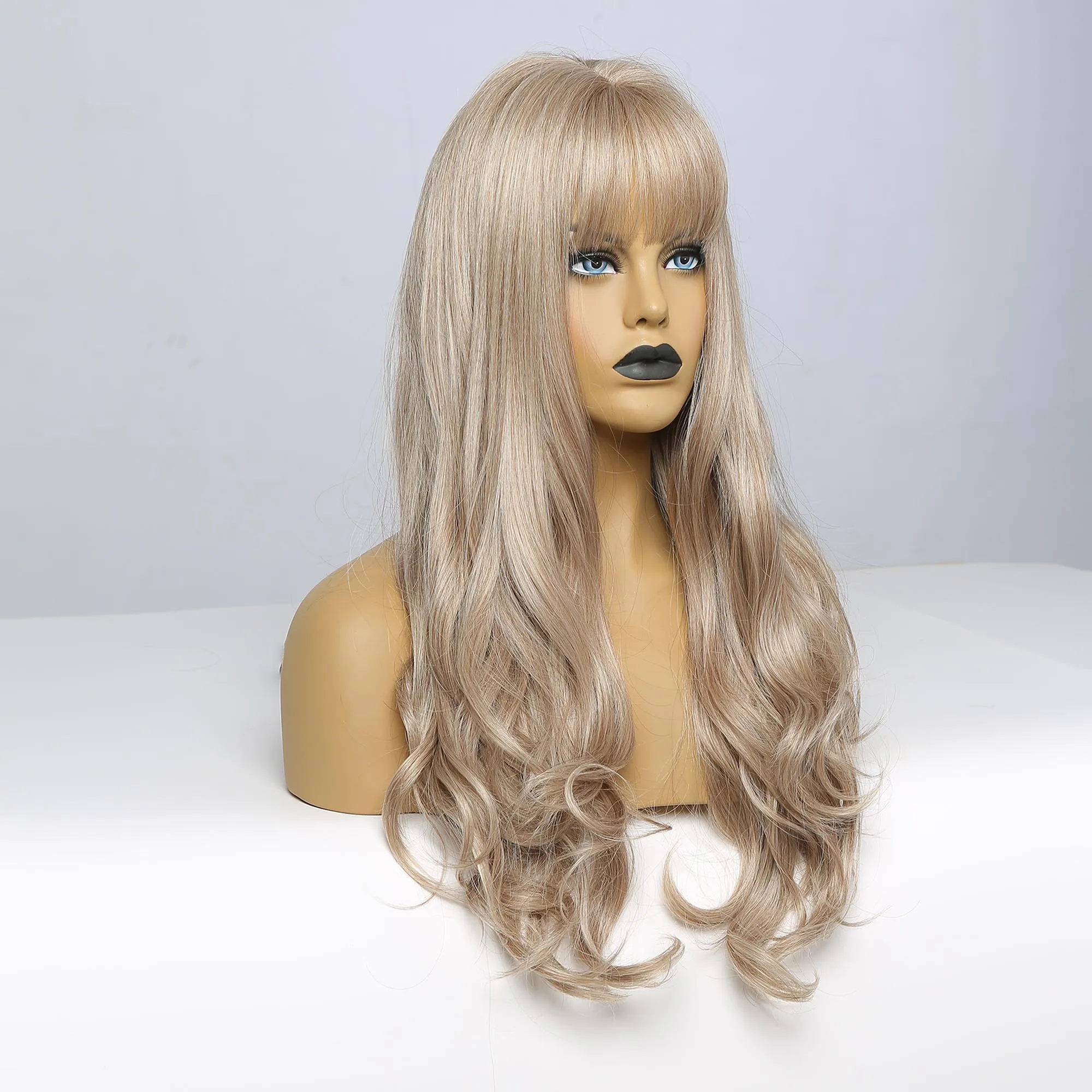 Парик для косплея и вечеринки Синтетические длинные волнистые парики с челкой