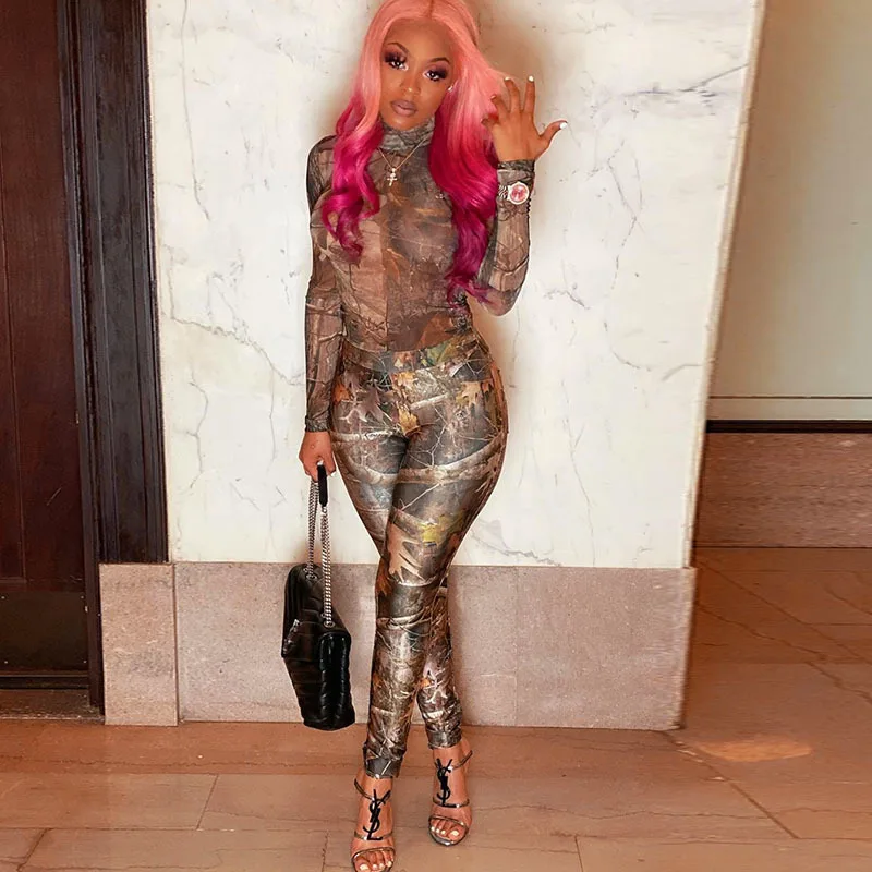 

Aesthetic Print Sexy Long Sleeve Co-ord Sets Women Bodysuit And pants set woman 2 piecesOutfit