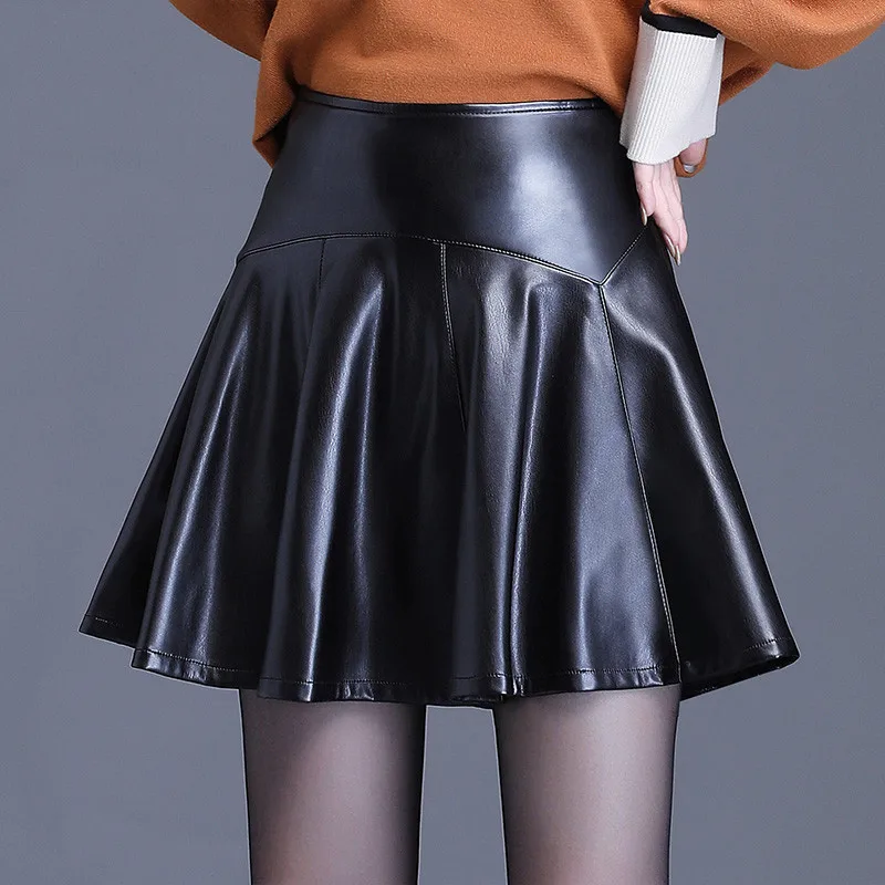 Autumn Black High Waist Women Pu Leather Mini Skater Skirt For Fashion Winter Ladies Sexy Short Pleated Female New | Женская одежда