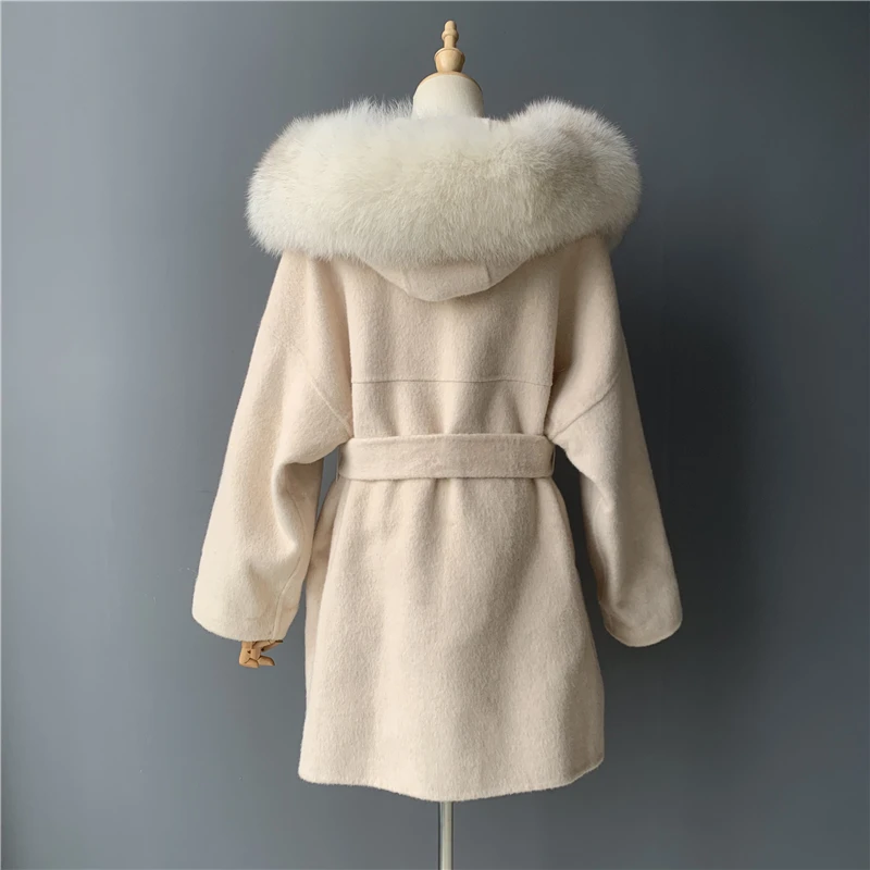 Кашемировая Женская куртка со съемным воротником из меха лисы, шерстяное пальто и куртка с поясом, Дамское кашемировое пальто на осень и зиму