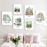 watercolor city scenery poster paris tokyo kyoto alps landscape canvas painting nordic decoration wall pictures for living room