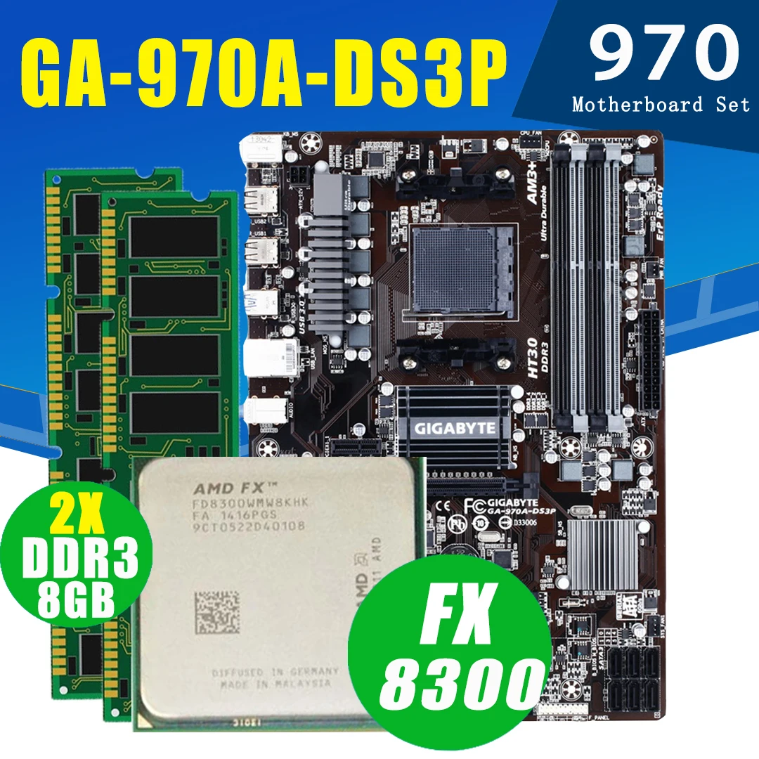 Günstig Buchse AM3 + Gigabyte 970A-DS3P Motherboard Mit AMD FX-8300 2x8GB DDR3 Motherboard Set 3,3 GHz Desktop 970 Motherboard Set Verwendet
