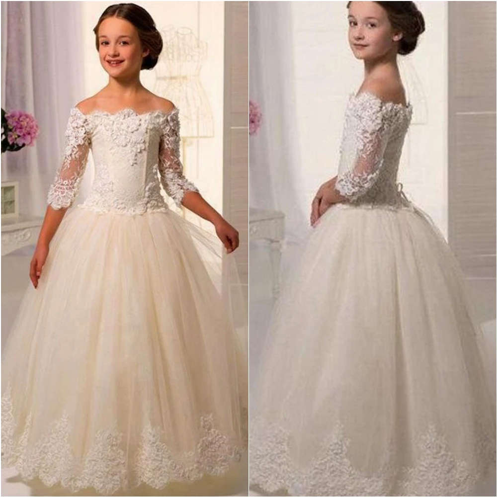 

Bateau Applique Tulle Kids Formal Wear Girls Pageant Birthday Christmas Flower Girls Dresses Baby Children Party Dress Custom