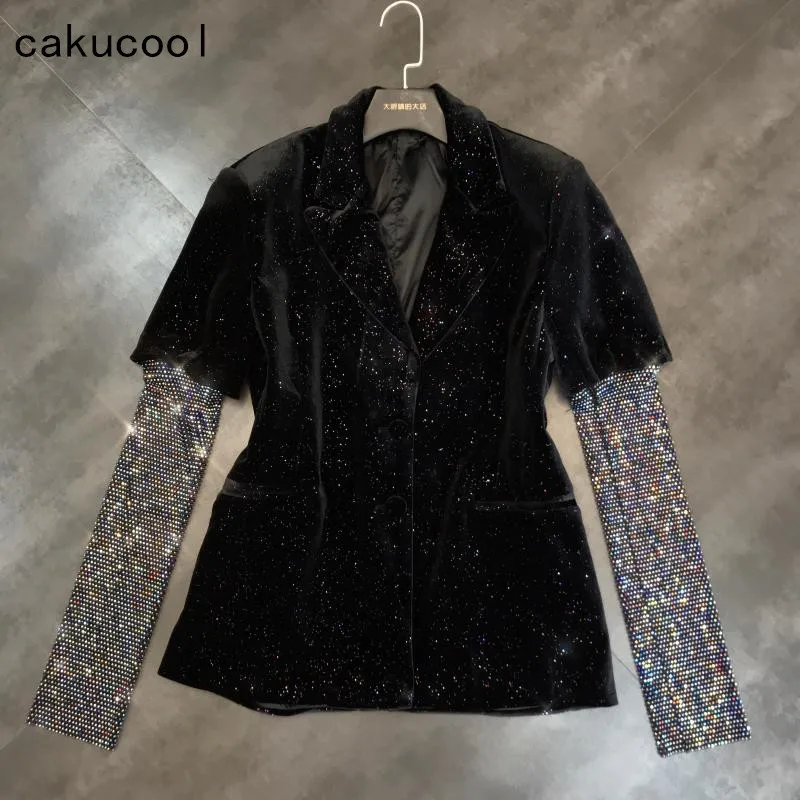 Cakucool Повседневная зубчатая весенняя куртка для женщин Алмазный тиснение рукав патч флисовый пиджак блестящие шикарные куртки для вечеринок пальто женское