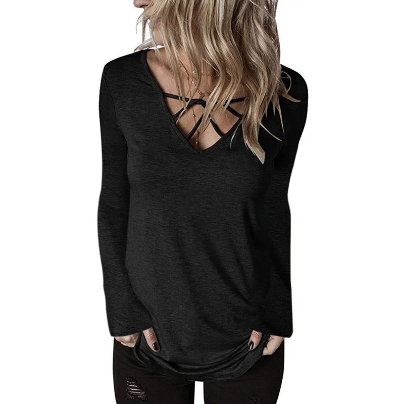

Autumn And Winter Sexy Woman Tshirts Solid Color Interlaced Hollow Long Sleeved T-shirt Tops Fashion Women's Fall Clothing 2020