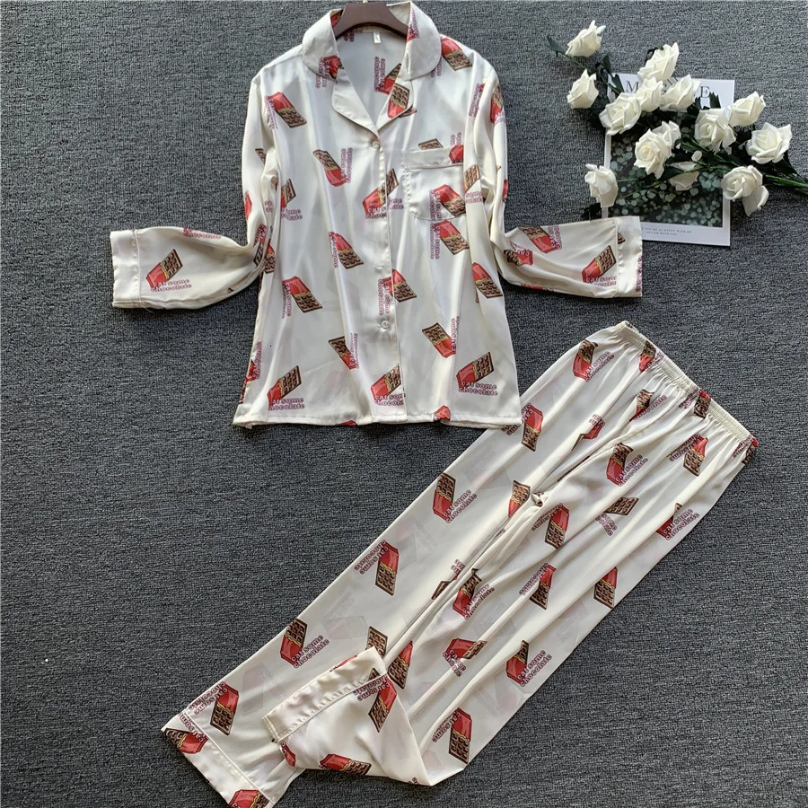 Женский пижамный комплект из шелка со льдом с длинными рукавами и брюками Пижама