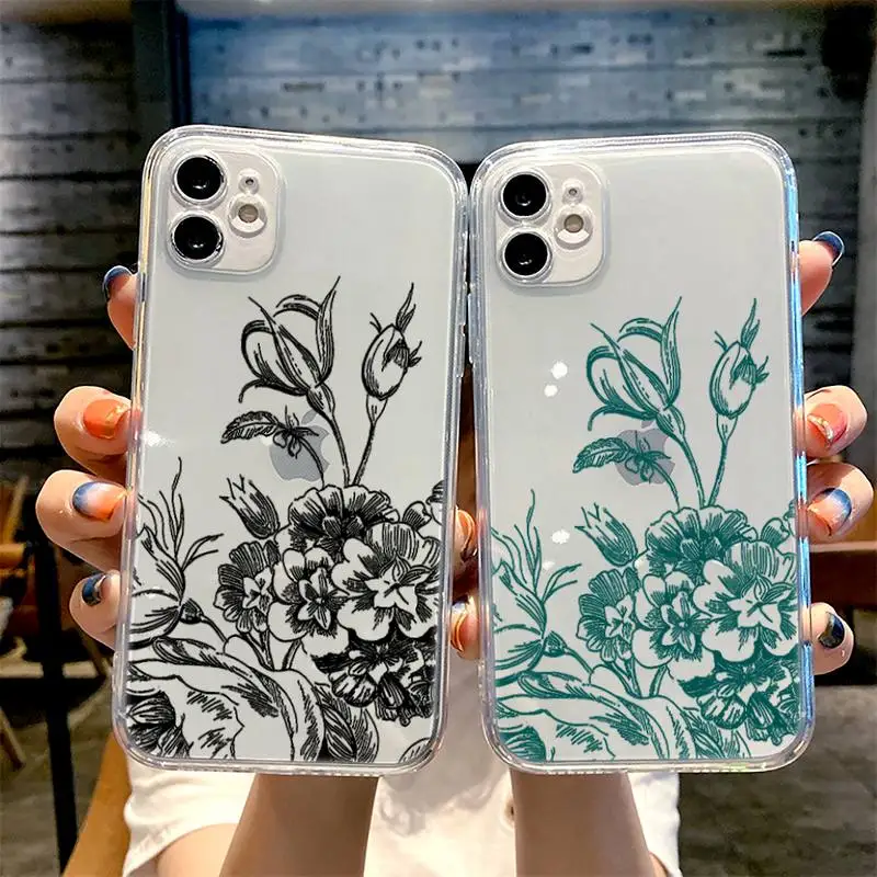 

Phone Case for iphone 12 11 XS 13 pro max mini 6 6s 7 8 plus SE2020 X XR transparent clear Plant flower manuscript Simple lines