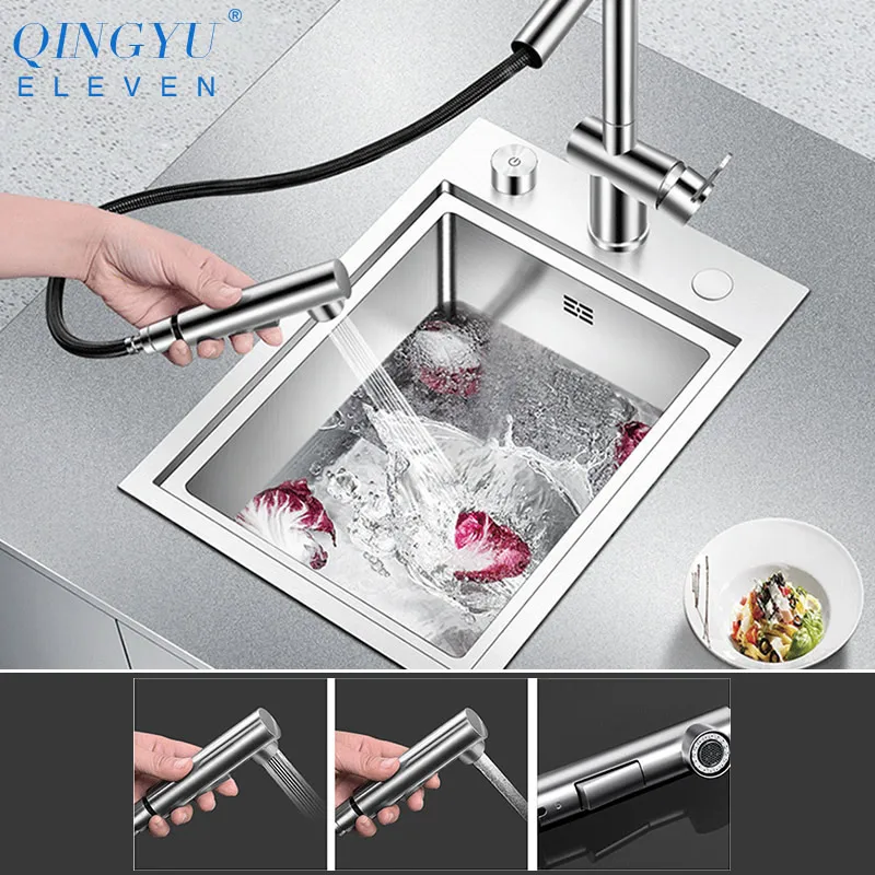 Handmade Brushed kitchen Sink 304 Stainless Steel 4mm Thickness Above Mount Installation Cover hidden Single Kitchen Bar | Обустройство