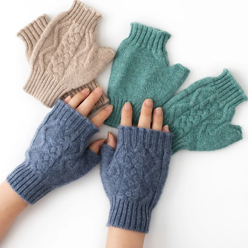 

2020 Autumn/winter new thickening 100% pure cashmere ladies gloves knitted twisted flowers exposing finger gloves